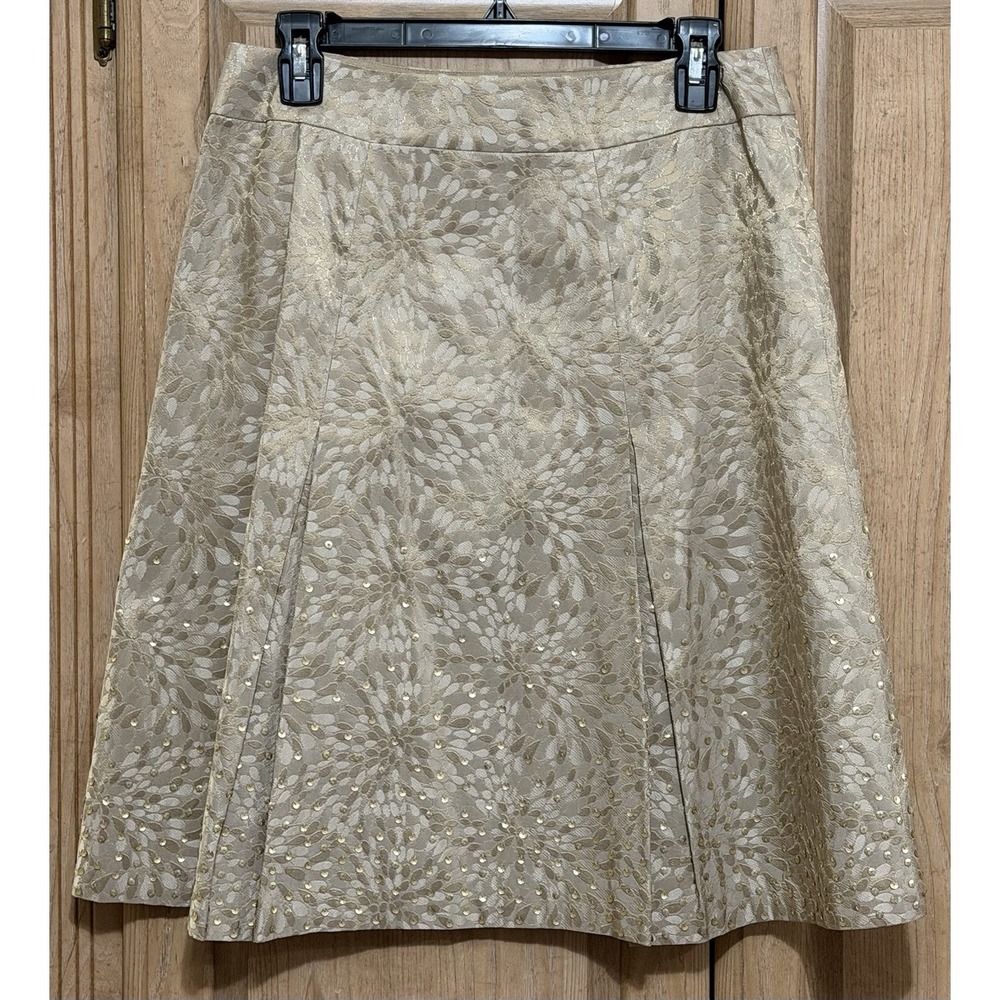 ANN TAYLOR Gold Silk A-Line Skirt Womens Sz 4 Embroidered Sequined Lined Pleated